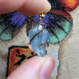 Carved Blue Aquamarine Leaf Wire Wrapped Pendant in 14kt Yellow Gold Fill
