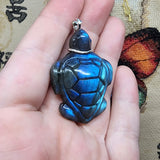 Carved Bright Blue Labradorite Sea Turtle Pendant in Sterling Silver