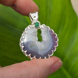 Purple Banded Agate Geode Pendant – Sterling Silver with Emerald Accent - Rock Your World 