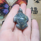 Carved Blue Green Gold Labradorite Sea Turtle Pendant in Sterling Silver