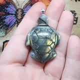 Carved Blue Green Gold Labradorite Sea Turtle Pendant in Sterling Silver