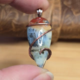 Common Opal with Marcasite Pendant Copper Wrapped - Red Orange Cream White