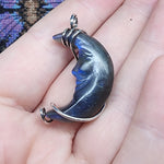 Carved Face Blue Labradorite Crescent Moon Pendant - Sterling Silver with Rose Gold Accent