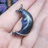 Carved Face Blue Labradorite Crescent Moon Pendant - Sterling Silver with Rose Gold Accent