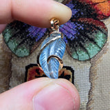 Carved Blue Aquamarine Leaf Wire Wrapped Pendant in 14kt Yellow Gold Fill