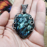 Carved Ocean Blue Labradorite Lion Pendant in Sterling Silver