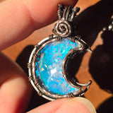 Marcasite Agate + Aurora Opal Moon Pendant – Frost Moon in Copper