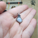 Teal Blue Rose Cut Rainbow Moonstone Antiqued Sterling Silver Pendant