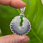 Purple Banded Agate Geode Pendant – Sterling Silver with Emerald Accent - Rock Your World 