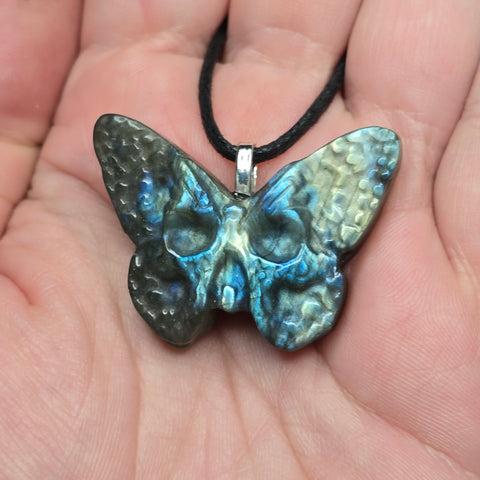 Labradorite Butterfly Skull Pendant – Blue Green Flash Carved Necklace