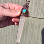 Aurora Opal Copper Wand Wire Wrap Pendant – Large 5" Quartz Crystal for Ritual, Healing or Display