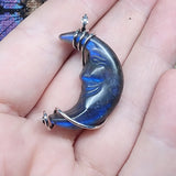 Carved Face Blue Labradorite Crescent Moon Pendant - Sterling Silver with Rose Gold Accent