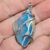White Plume Agate Pendant – Sterling Silver + Teal Aurora Opal