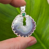 Purple Banded Agate Geode Pendant – Sterling Silver with Emerald Accent - Rock Your World 