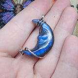 Carved Face Blue Labradorite Crescent Moon Pendant - Sterling Silver with Rose Gold Accent