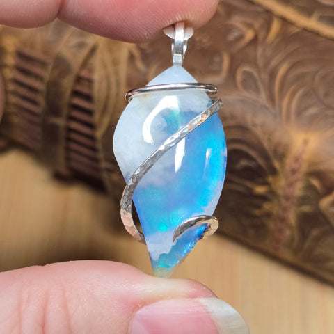 Plume Agate Pendant – Sterling Silver + Blue Aurora Opal