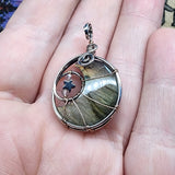 Pink Purple Gold Labradorite Crescent Moon Pendant with Rose Quartz and Hematite