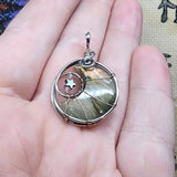 Pink Purple Gold Labradorite Crescent Moon Pendant with Rose Quartz and Hematite