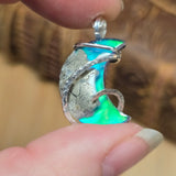 Marcasite Plume Agate Moon Pendant – Sterling Silver + Green Aurora Opal