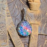 Aurora Opal Pendant Carved Flower Rainbow Flash - Sterling Silver Gold Fill