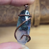 Purple Agate Pendant with Metallic Green Moss – Hammered Copper Necklace