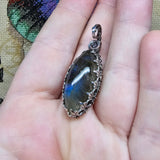 Rutilated Quartz on Labradorite in Antiqued Sterling Silver Pendant Necklace