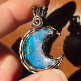 Marcasite Agate + Aurora Opal Moon Pendant – Frost Moon in Copper