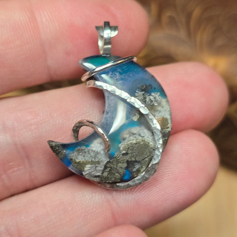 Marcasite Agate Moon Pendant – Sterling Silver + Blue Aurora Opal