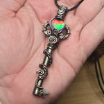 Skeleton Key with Rose Cut Heart Aurora Opal Doublet Wire Wrapped Pendant