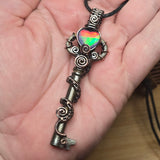Skeleton Key with Rose Cut Heart Aurora Opal Doublet Wire Wrapped Pendant