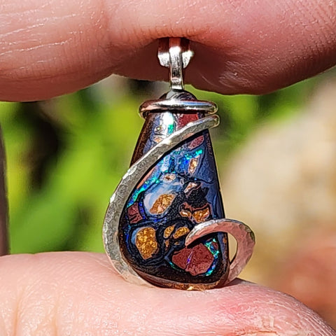 Boulder Opal Pendant Lightning Fire Yowah Nut Pattern - Sterling Silver