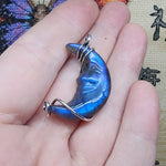 Carved Face Blue Labradorite Crescent Moon Pendant - Sterling Silver with Rose Gold Accent