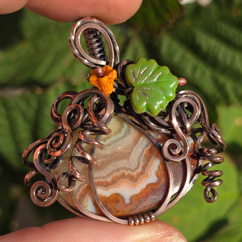 Crazy Lace Agate Pumpkin Pendant – Copper Vine + Czech Glass Leaf