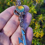 Dark Flash Aurora Opal Key Pendant - Copper Wirewrap Skeleton Key