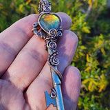 Dark Flash Aurora Opal Key Pendant - Copper Wirewrap Skeleton Key