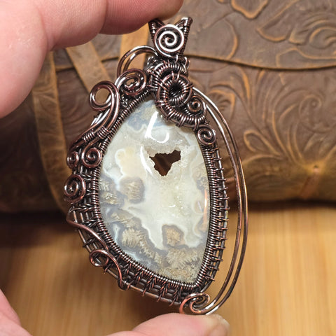 Plume Agate Pendant Heart Druzy Antiqued Copper Wire Wrapped