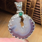 Purple Banded Agate Geode Pendant – Sterling Silver with Emerald Accent - Rock Your World 
