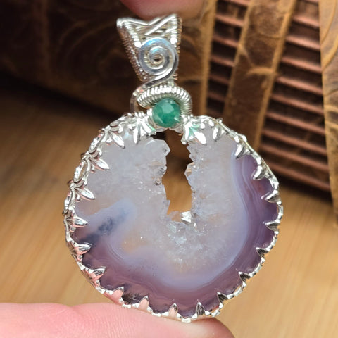 Purple Banded Agate Geode Pendant – Sterling Silver with Emerald Accent