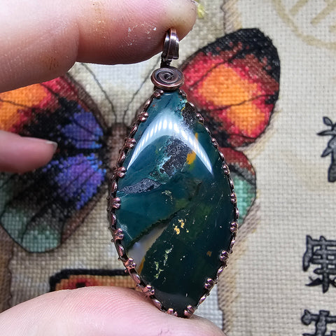 Rich Green Moss Agate Pendant in Copper