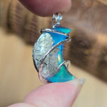 Marcasite Plume Agate Moon Pendant – Sterling Silver + Green Aurora Opal