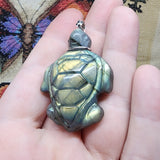 Carved Blue Green Gold Labradorite Sea Turtle Pendant in Sterling Silver
