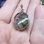 Pink Purple Gold Labradorite Crescent Moon Pendant with Rose Quartz and Hematite