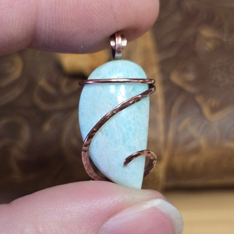 Light Blue Amazonite Pendant - Copper Wrapped Stone Jewelry