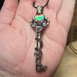 Skeleton Key with Rose Cut Heart Aurora Opal Doublet Wire Wrapped Pendant