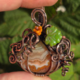 Crazy Lace Agate Pumpkin Pendant – Copper Vine + Czech Glass Leaf