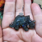 Carved Green Blue Labradorite Dinosaur Triceratops Pendant in Sterling Silver