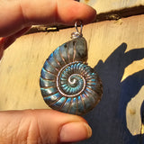 Carved Blue Green Labradorite Ammonite Shell Pendant