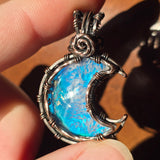 Marcasite Agate + Aurora Opal Moon Pendant – Frost Moon in Copper