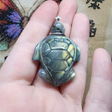 Carved Blue Green Gold Labradorite Sea Turtle Pendant in Sterling Silver