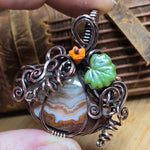 Crazy Lace Agate Pumpkin Pendant – Copper Vine + Czech Glass Leaf
